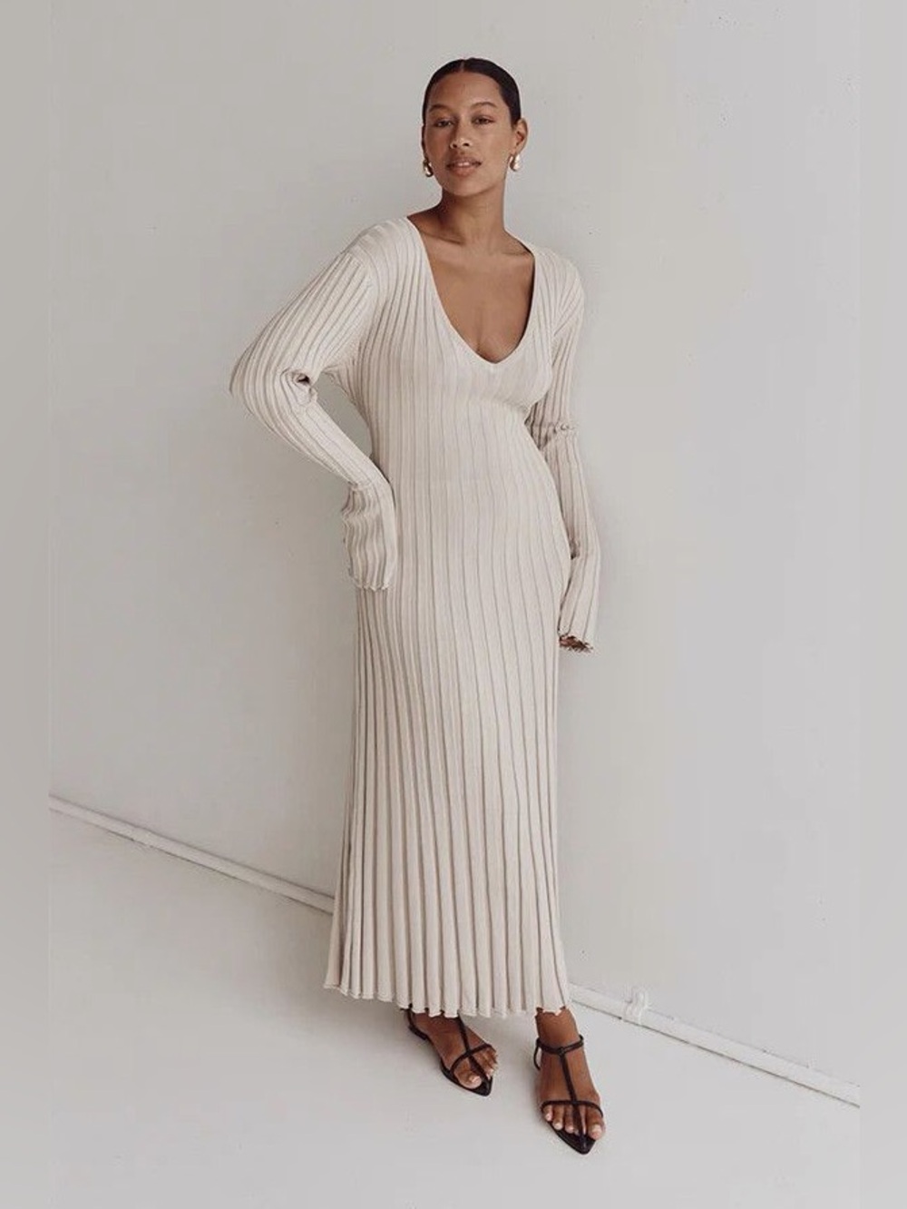 Dissh REIGN STONE SLEEVED KNIT MIDI DRESS - L / STONE